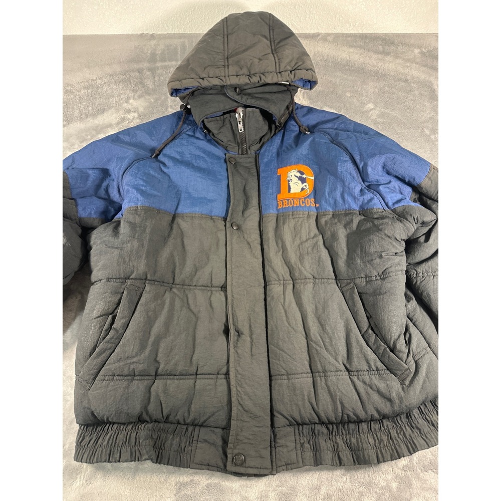 Vintage Pro Player Denver Broncos Puffer Jacket Blue Black Hooded Mens Large NFL - Picture 2 of 16